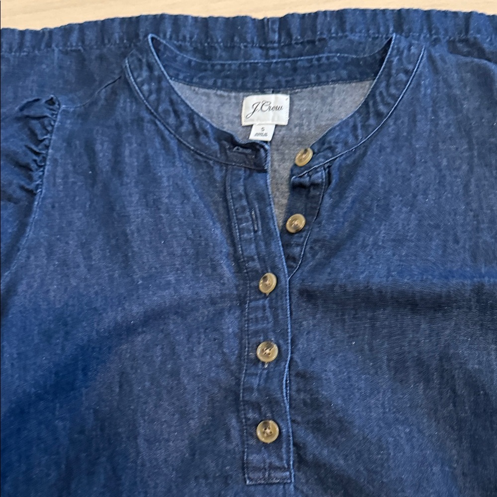 J.Crew Chambray Denim Shift Dress Pockets Henley Button Front Size S - Picture 2 of 4